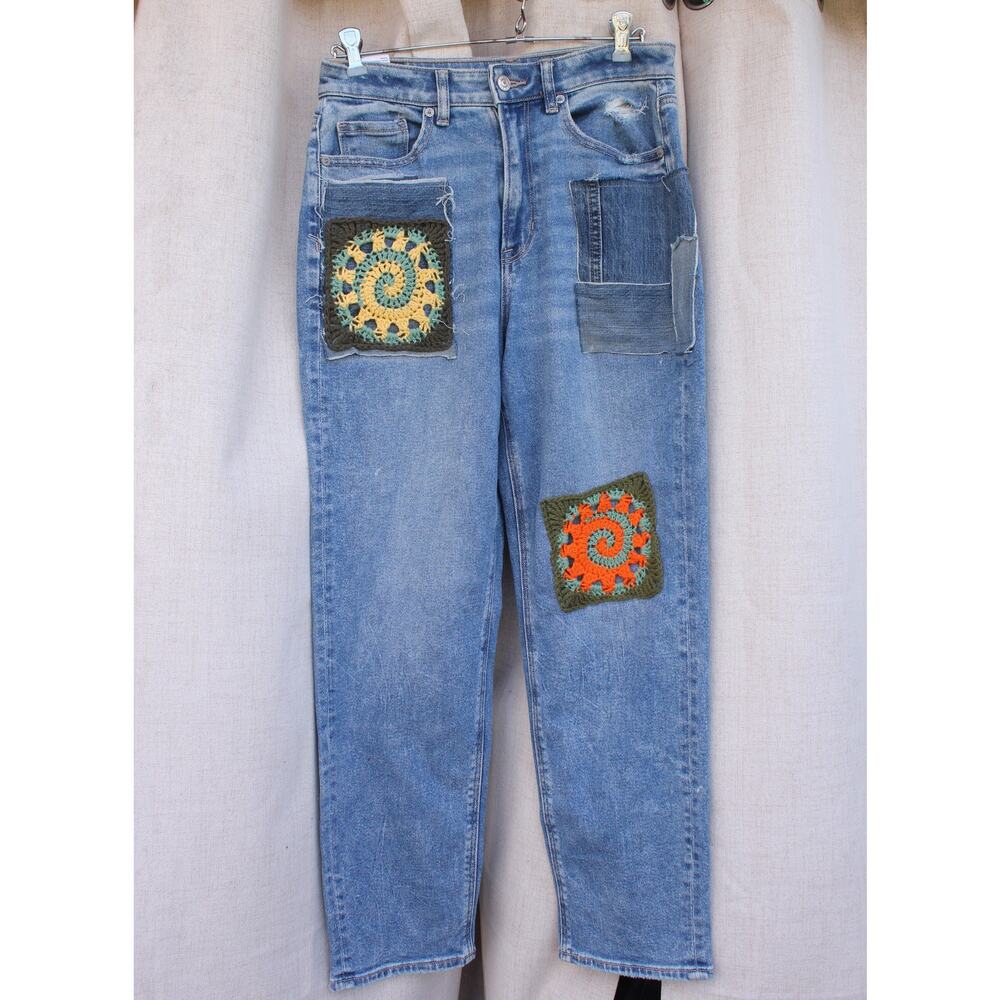 American Eagle Stretch High Waist Jeans Crochet Patchwork- 6